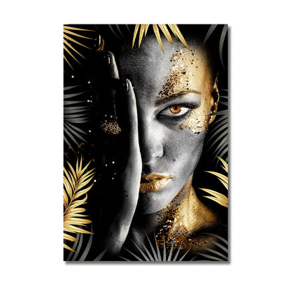 African Woman Make Up With Gold Leaves Canvas