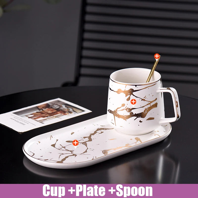Marbled Ceramic Mug, Saucer & Spoon