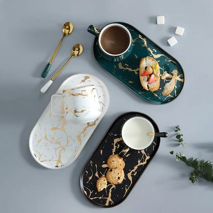 Marbled Ceramic Mug, Saucer & Spoon
